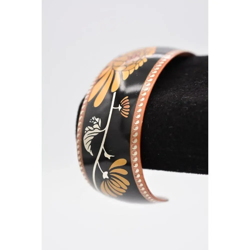 80F Damascene Cuff Bangle Bracelet Copper Lotus Flower Black Signed BinAW